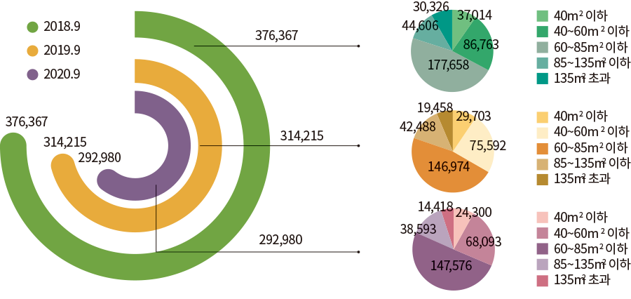 2018.9 2019.9 2020.9 376,367 314,215 292,980 40m2 이하 37,014 40~60m2 이하 86,763 60~85m2 이하 177,658 85~135m2 이하 44,606 135m2 초과 30,326 40m2 이하 29,703 40~60m2 이하 75,592 60~85m2 이하 146,974 85~135m2 이하 42,488 135m2 초과 19,458 40m2 이하 24,300 40~60m2 이하 68,093 60~85m2 이하 147,576 85~135m2 이하 38,593 135m2 초과 14,418