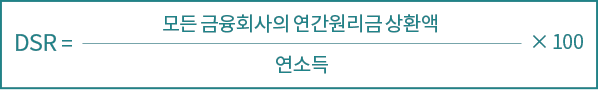 DSR = × 100 모든 금융회사의 연간원리금 상환액 연소득