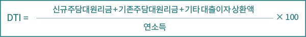 DTI = × 100 신규주담대원리금 + 기존주담대원리금 + 기타 대출이자 상환액 연소득