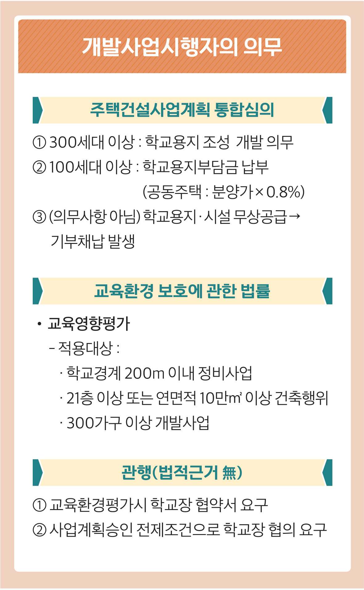 개발사업시행자의 의무 주택건설사업계획 통합심의 ① 300세대 이상 : 학교용지 조성 개발 의무 ② 100세대 이상 : 학교용지부담금 납부 공 동 주 택 ( : 분양가×0.8%) ③ (의무사항 아님) 학교용지·시설 무상공급 → 기부채납 발생 교육환경 보호에 관한 법률 • 교육영향평가 - 적용대상 : · 학교경계 200m 이내 정비사업 · 21층 이상 또는 연면적 10만㎡ 이상 건축행위 · 300가구 이상 개발사업 관행(법적근거 無) ① 교육환경평가시 학교장 협약서 요구 ② 사업계획승인 전제조건으로 학교장 협의 요구